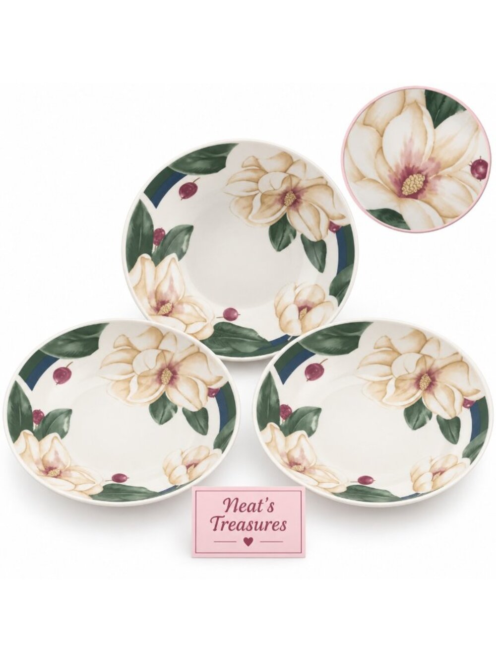 WSP Stoneware SAVANNAH GROVE Cream Magnolia Flowers Soup Cereal Bowls Set of 3